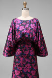 Vestido Longo Sereia Floral Fúcsia para Mãe da Noiva com Mangas