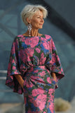 Vestido Longo Sereia Floral Fúcsia para Mãe da Noiva com Mangas