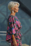 Vestido Longo Sereia Floral Fúcsia para Mãe da Noiva com Mangas