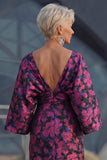 Vestido Longo Sereia Floral Fúcsia para Mãe da Noiva com Mangas