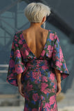 Vestido Longo Sereia Floral Fúcsia para Mãe da Noiva com Mangas