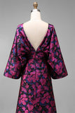 Vestido Longo Sereia Floral Fúcsia para Mãe da Noiva com Mangas