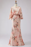 Vestido de Mãe da Noiva com Estampado de Flores de Rosa Poeirentas e Mangas