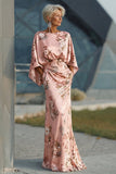 Vestido de Mãe da Noiva com Estampado de Flores de Rosa Poeirentas e Mangas