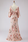 Vestido de Mãe da Noiva com Estampado de Flores de Rosa Poeirentas e Mangas