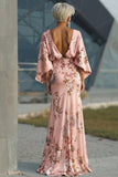 Vestido de Mãe da Noiva com Estampado de Flores de Rosa Poeirentas e Mangas