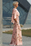 Vestido de Mãe da Noiva com Estampado de Flores de Rosa Poeirentas e Mangas