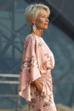 Vestido de Mãe da Noiva com Estampado de Flores de Rosa Poeirentas e Mangas