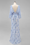 Vestido Longo de Chiffon Floral Rosa-pó para Mãe da Noiva com Mangas