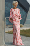 Vestido Longo de Chiffon Floral Rosa-pó para Mãe da Noiva com Mangas