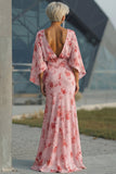 Vestido Longo de Chiffon Floral Rosa-pó para Mãe da Noiva com Mangas