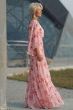 Vestido Longo de Chiffon Floral Rosa-pó para Mãe da Noiva com Mangas