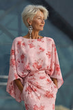 Vestido Longo de Chiffon Floral Rosa-pó para Mãe da Noiva com Mangas