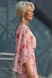 Vestido Longo de Chiffon Floral Rosa-pó para Mãe da Noiva com Mangas