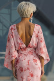 Vestido Longo de Chiffon Floral Rosa-pó para Mãe da Noiva com Mangas