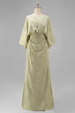 Vestido Longo Verde Sálvia com Estampa Franzida e Mangas para Mãe da Noiva