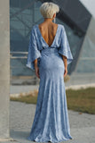 Vestido Longo Floral Azul Empoeirado para Mãe da Noiva com Mangas