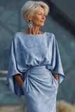 Vestido Longo Floral Azul Empoeirado para Mãe da Noiva com Mangas