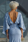 Vestido Longo Floral Azul Empoeirado para Mãe da Noiva com Mangas