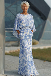 Vestido Longo Branca e Azul com Estampa Floral para a Mãe da Noiva com Mangas