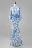 Vestido Longo Branca e Azul com Estampa Floral para a Mãe da Noiva com Mangas