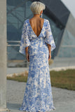 Vestido Longo Branca e Azul com Estampa Floral para a Mãe da Noiva com Mangas