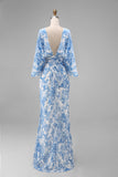 Vestido Longo Branca e Azul com Estampa Floral para a Mãe da Noiva com Mangas