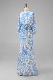 Vestido Longo Branca e Azul com Estampa Floral para a Mãe da Noiva com Mangas