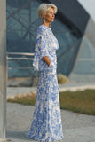 Vestido Longo Branca e Azul com Estampa Floral para a Mãe da Noiva com Mangas
