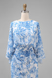 Vestido Longo Branca e Azul com Estampa Floral para a Mãe da Noiva com Mangas