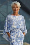 Vestido Longo Branca e Azul com Estampa Floral para a Mãe da Noiva com Mangas