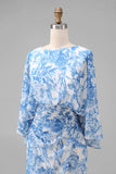 Vestido Longo Branca e Azul com Estampa Floral para a Mãe da Noiva com Mangas