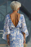 Vestido Longo Branca e Azul com Estampa Floral para a Mãe da Noiva com Mangas