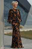 Vestido Longo Sereia Castanho Estampado para Mãe da Noiva com Mangas