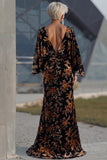Vestido Longo Sereia Castanho Estampado para Mãe da Noiva com Mangas