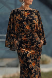 Vestido Longo Sereia Castanho Estampado para Mãe da Noiva com Mangas