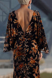 Vestido Longo Sereia Castanho Estampado para Mãe da Noiva com Mangas