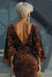 Vestido Longo Sereia Castanho Estampado para Mãe da Noiva com Mangas
