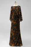 Vestido Longo Sereia Castanho Estampado para Mãe da Noiva com Mangas