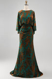 Vestido Longo Sereia Verde Escuro Estampado com Decote Canoa para Mãe da Noiva