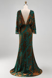 Vestido Longo Sereia Verde Escuro Estampado com Decote Canoa para Mãe da Noiva
