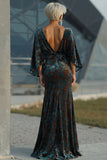 Vestido Longo Sereia Verde Escuro Estampado com Decote Canoa para Mãe da Noiva