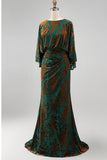 Vestido Longo Sereia Verde Escuro Estampado com Decote Canoa para Mãe da Noiva