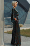 Vestido Longo Sereia Verde Escuro Estampado com Decote Canoa para Mãe da Noiva