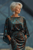 Vestido Longo Sereia Verde Escuro Estampado com Decote Canoa para Mãe da Noiva