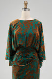 Vestido Longo Sereia Verde Escuro Estampado com Decote Canoa para Mãe da Noiva