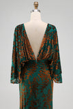 Vestido Longo Sereia Verde Escuro Estampado com Decote Canoa para Mãe da Noiva