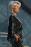 Vestido Longo Sereia Verde Escuro Estampado com Decote Canoa para Mãe da Noiva