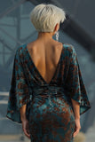 Vestido Longo Sereia Verde Escuro Estampado com Decote Canoa para Mãe da Noiva