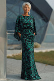 Vestido Longo Azul Pavão com Estampa Floral Decote Canoa Franzido para Mãe da Noiva